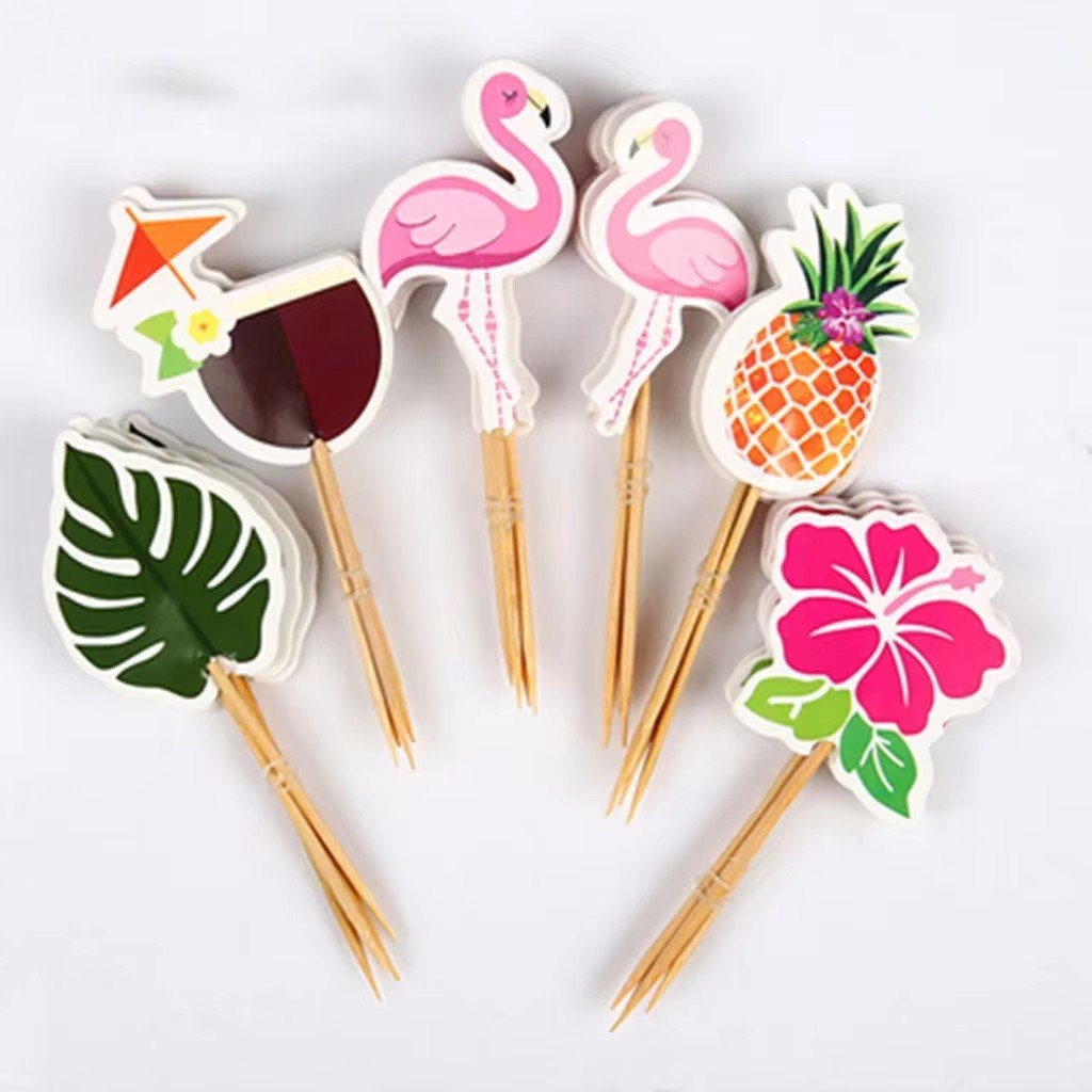 Hawaiian Theme Flamingo Toothpick Summer Beach Party Fruit Sticks Coconut Decor Tropical Hawaii Aloha Birthday Party Decor