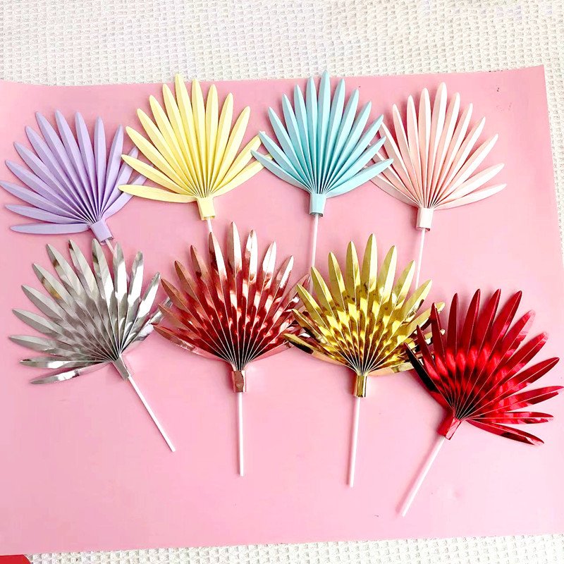 Wholesale INS New Paper Leaves Cake Toppers Gold Silver Pink Blue Folding Paper Fan Cake Decoration