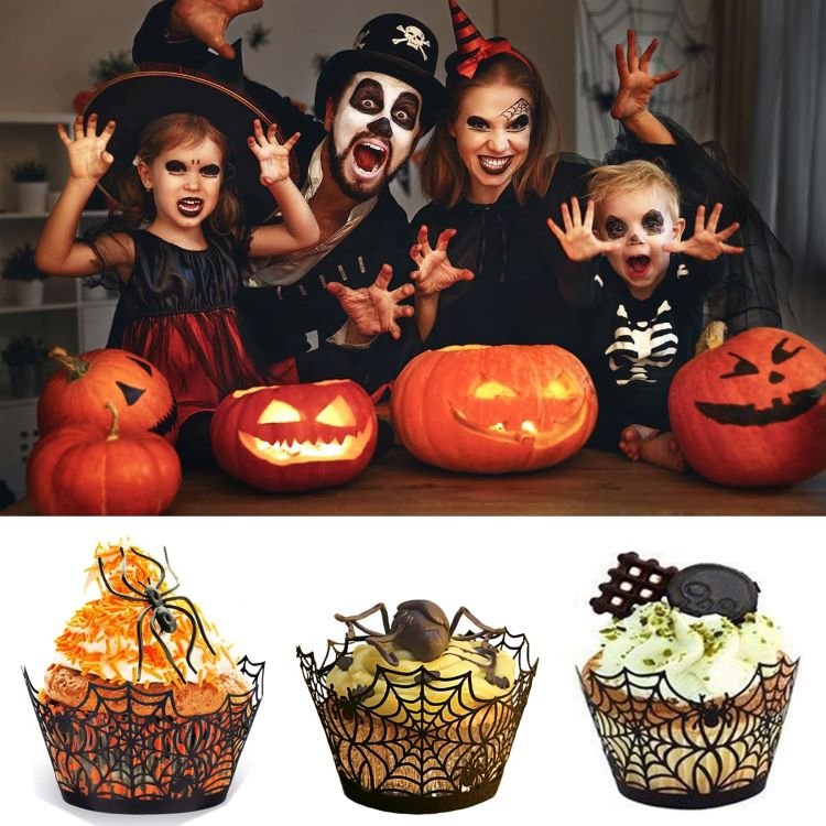 Halloween Party Spiderweb Laser Cut Paper Cupcake Wrappers Wraps Liners Pack of 24,Black