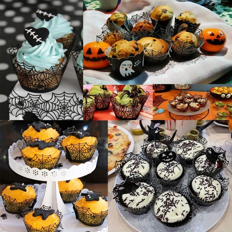 Halloween Party Spiderweb Laser Cut Paper Cupcake Wrappers Wraps Liners Pack of 24,Black