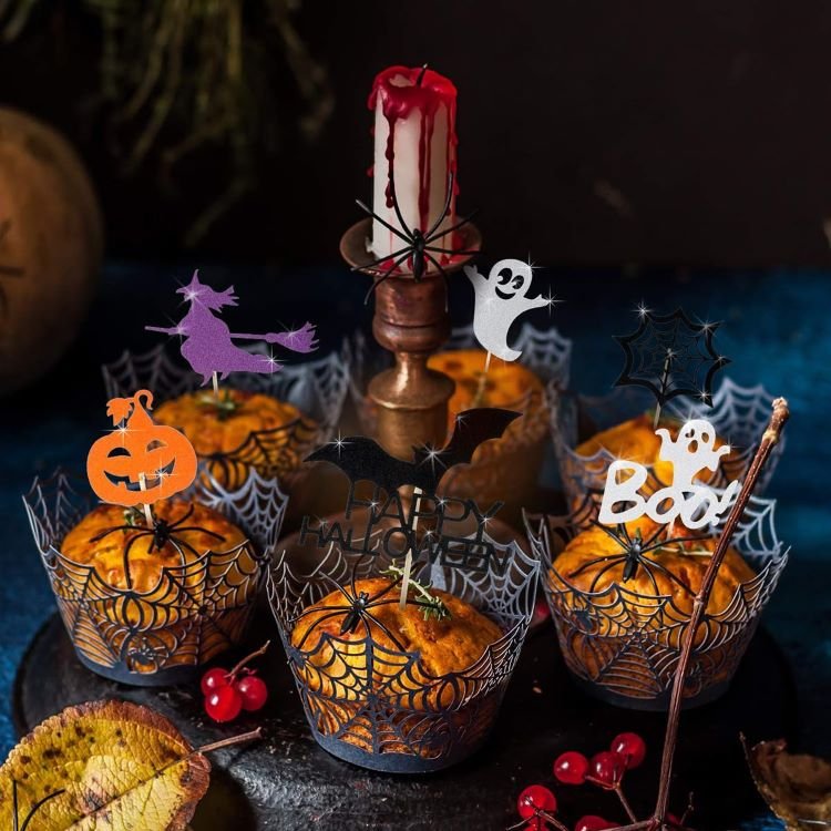 Halloween Party Spiderweb Laser Cut Paper Cupcake Wrappers Wraps Liners Pack of 24,Black