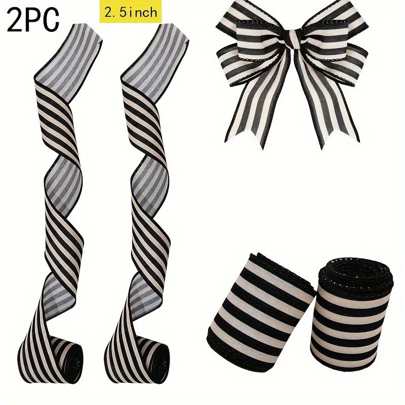 2 Rolls of black and white striped ribbon holiday thread edge streamer,for sewing and DIY crafts gift box packaging home decor