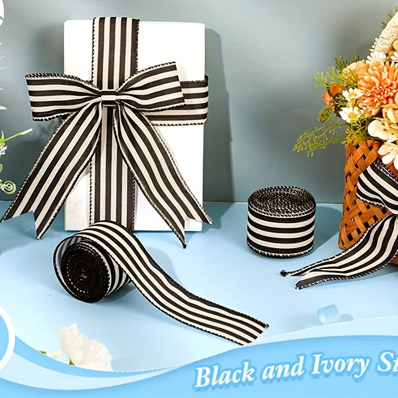 2 Rolls of black and white striped ribbon holiday thread edge streamer,for sewing and DIY crafts gift box packaging home decor