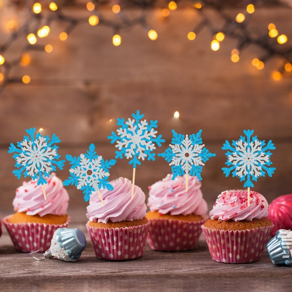 8PCS Snowflake Cupcake Toppers Glitter Winter Theme Cupcake Picks Baby Shower Kids Birthday Party Christmas Cake Decorations