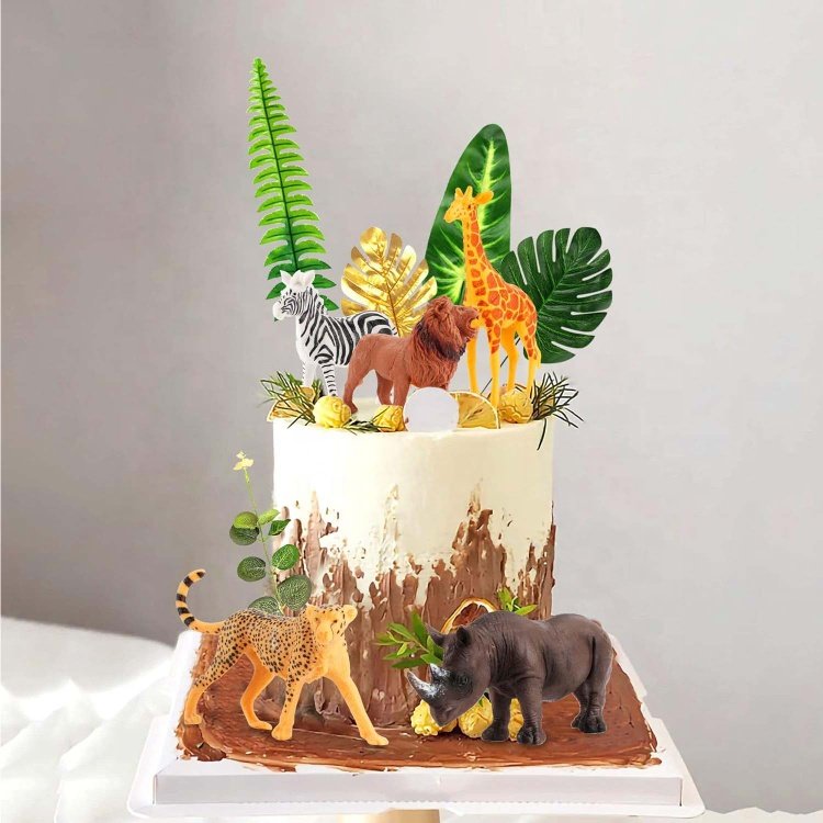 Safari Animals Cake Decoration with Palm Leaves Wild One Cake Decoration for Summer Wild Zoo Birthday Party Supplies