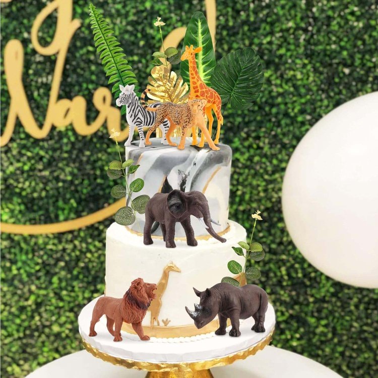 Safari Animals Cake Decoration with Palm Leaves Wild One Cake Decoration for Summer Wild Zoo Birthday Party Supplies