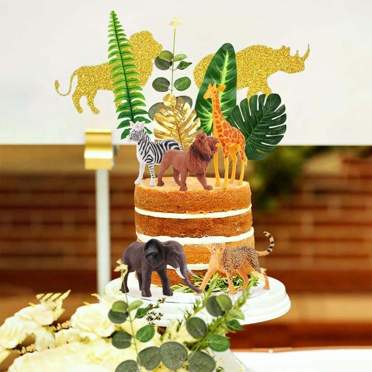 Safari Animals Cake Decoration with Palm Leaves Wild One Cake Decoration for Summer Wild Zoo Birthday Party Supplies