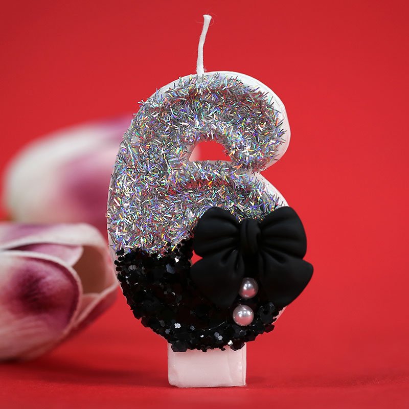 Birthday Candle Pink 6th Candles,Gold Glitter Pink Number Candles with Pearl Bow,Cake Number 6 Birthday Candles