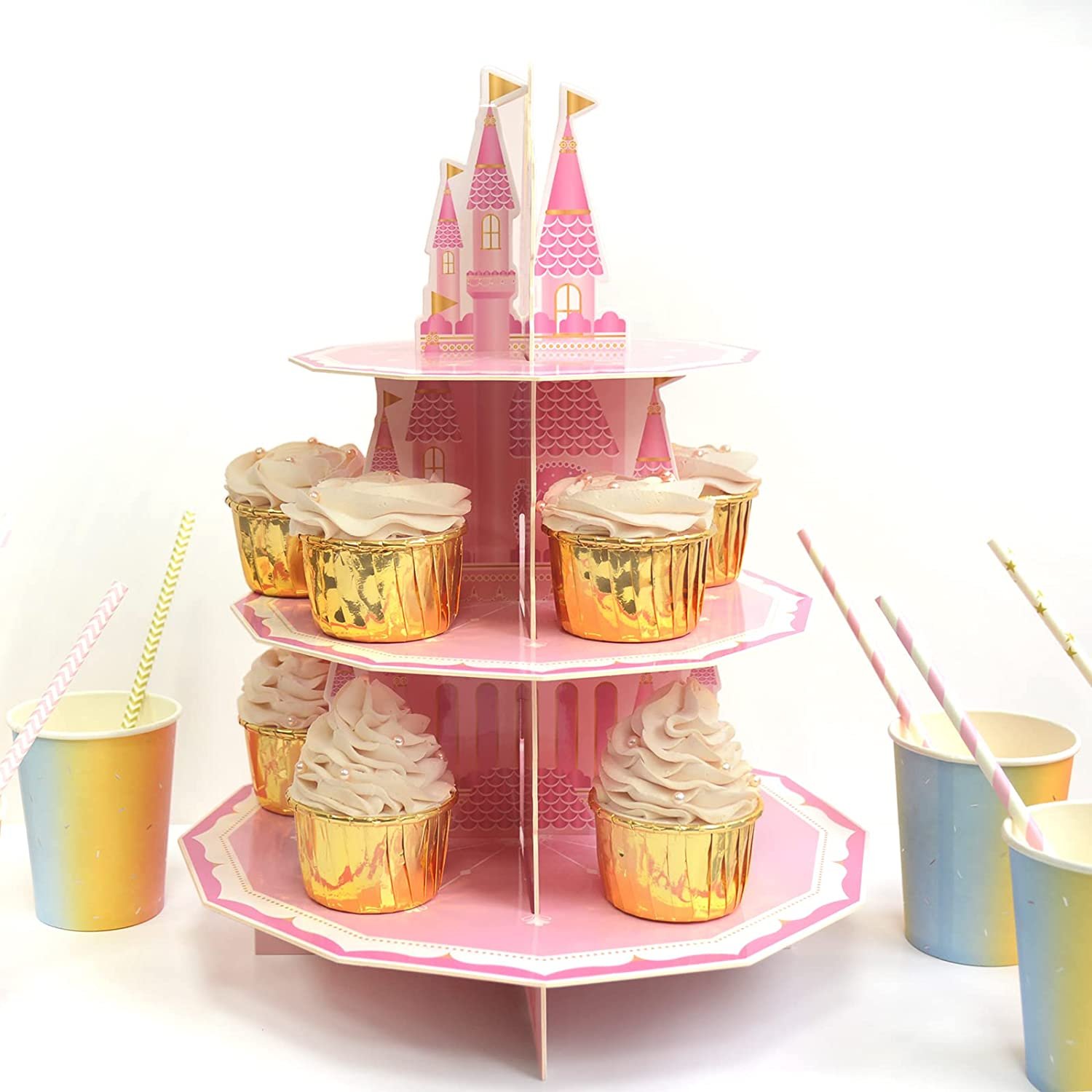 Birthday Party Decoration 3-tier Pink Cupcake Stand Baby Shower Kids Girl Castle Shapes Cardboard Cake Stand Dessert Tower