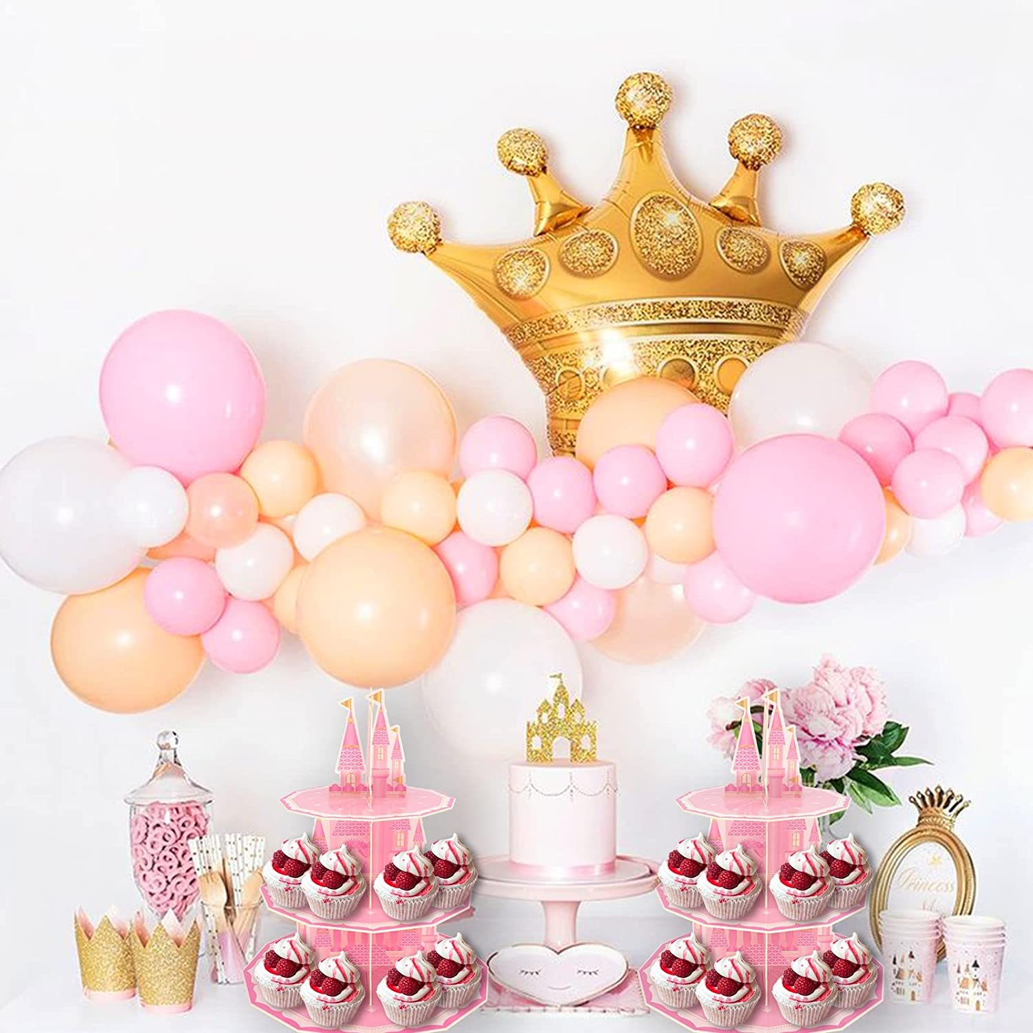 Birthday Party Decoration 3-tier Pink Cupcake Stand Baby Shower Kids Girl Castle Shapes Cardboard Cake Stand Dessert Tower