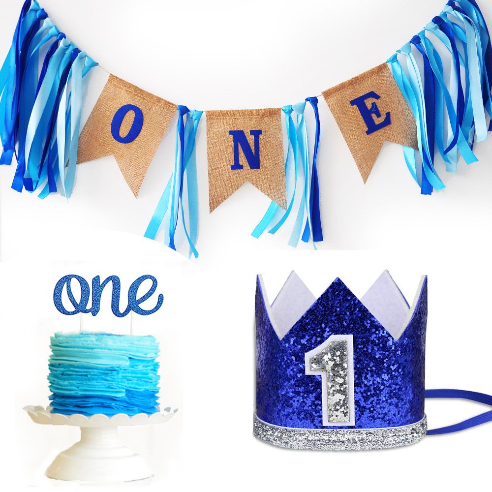 Reusable Gradient blue 1st Fabric Banner ONE years old chair skirt table wall decoration banner cake topper crown