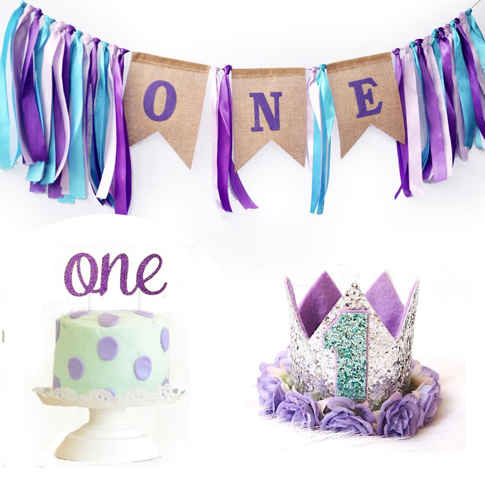 Reusable Gradient blue 1st Fabric Banner ONE years old chair skirt table wall decoration banner cake topper crown