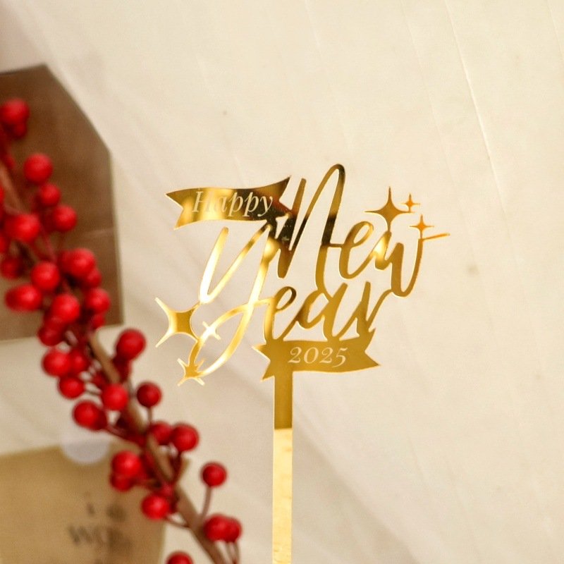 Ins wind hot stamping 2025 happy new year acrylic cake decoration new year party cake card cake topper happy new year