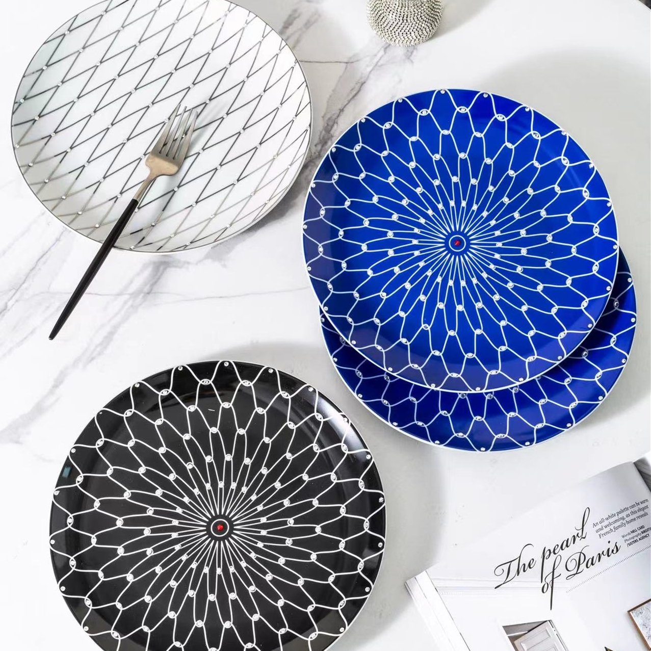 Hot Selling 10.5'' Ceramic Dessert Plate with Diamond Rhinestone, Snack Serving Dish for Afternoon Tea, Set of 4 with Gift Box
