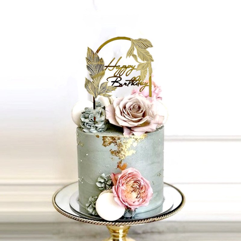 Ychon Gold Acrylic laser marked leaf Happy Birthday cake insert Silver pink card Topper Cake Decoration Supplies