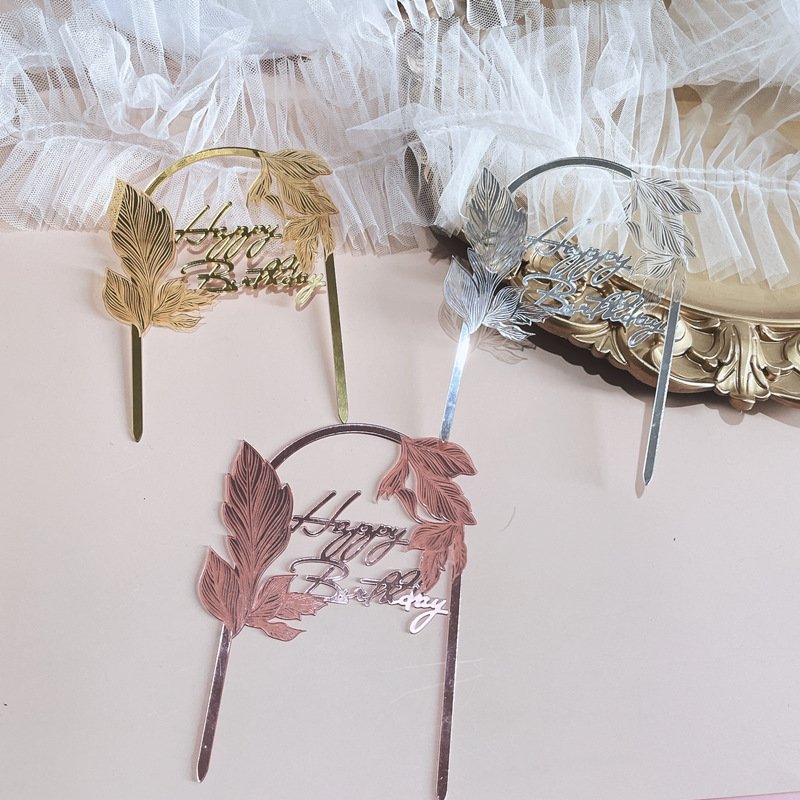 Ychon Gold Acrylic laser marked leaf Happy Birthday cake insert Silver pink card Topper Cake Decoration Supplies