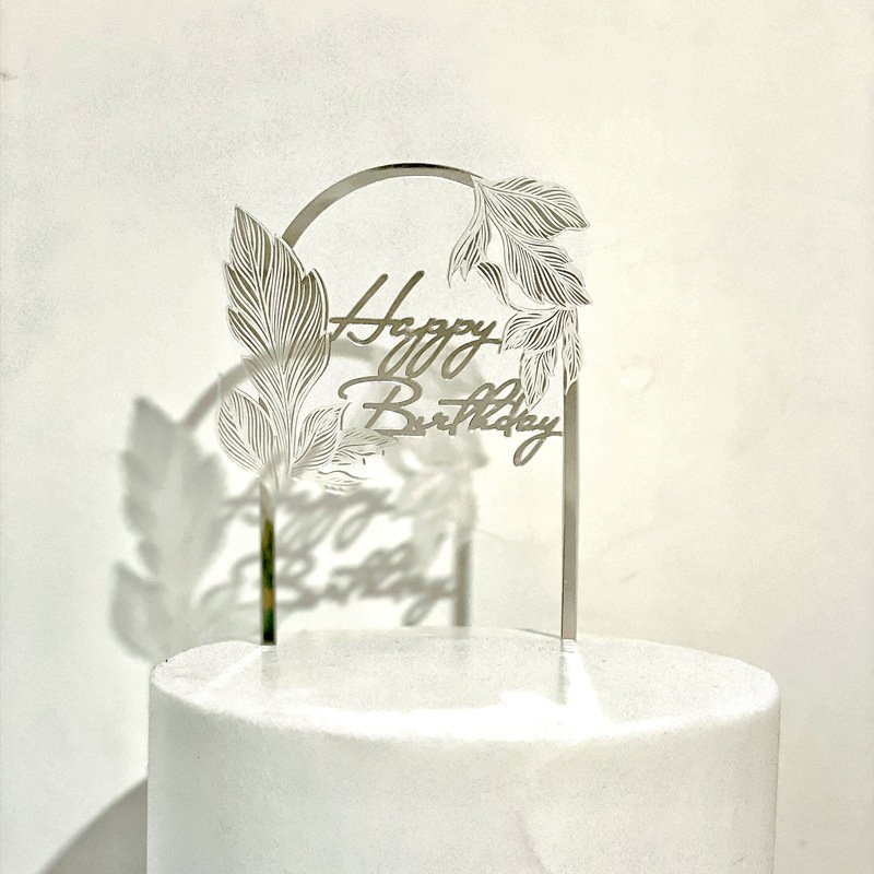 Ychon Gold Acrylic laser marked leaf Happy Birthday cake insert Silver pink card Topper Cake Decoration Supplies