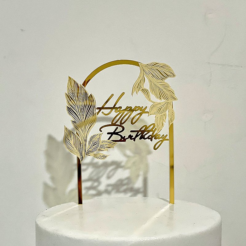 Ychon Gold Acrylic laser marked leaf Happy Birthday cake insert Silver pink card Topper Cake Decoration Supplies