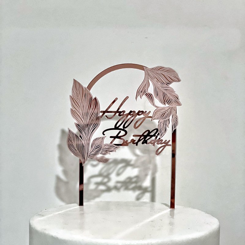 Ychon Gold Acrylic laser marked leaf Happy Birthday cake insert Silver pink card Topper Cake Decoration Supplies