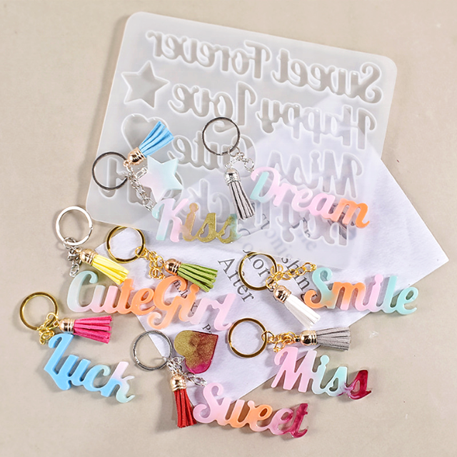 DLR1199 Wholesale diy crystal drop glue resin sweet forever happy keyring pendant english letter silicone molds for epoxy resin