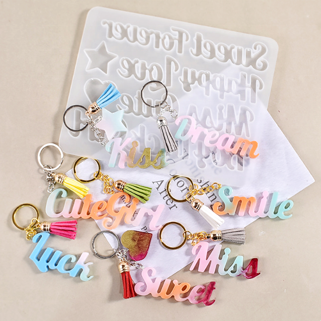 DLR1199 Wholesale diy crystal drop glue resin sweet forever happy keyring pendant english letter silicone molds for epoxy resin