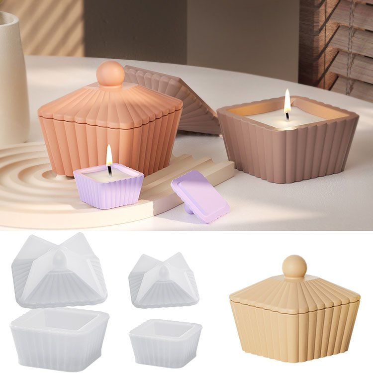 Trapezoidal Striped Candle Jar Silicone Mold Storage Box With Lid Candle Container Casting Mould DIY Gypsum Candle Cup Making