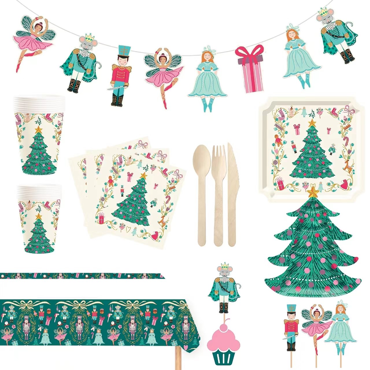 DAMAI Wholesale Xmas Tree Shape Party Plates Nutcracker Theme Dinner Tableware Party Banner Garland Paper Tablecloth Cake Topper