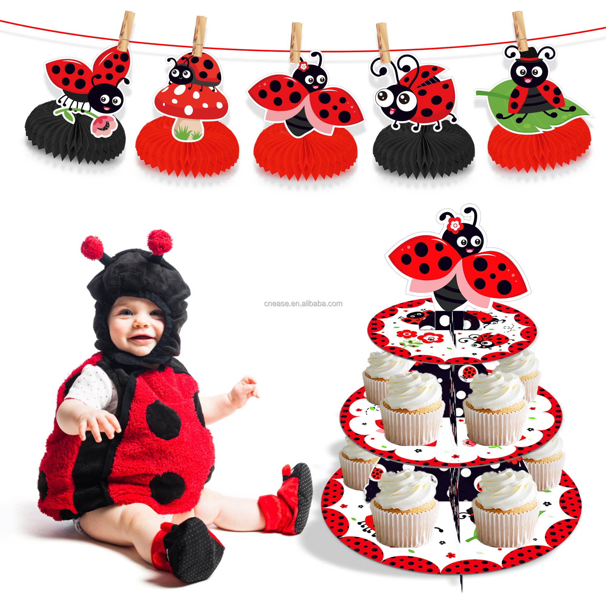Huancai Little Ladybug Cake Stand 3 Tier Cupcake Stand Holder Baby Shower Party Decorations for Kids Birthday Party Supplies