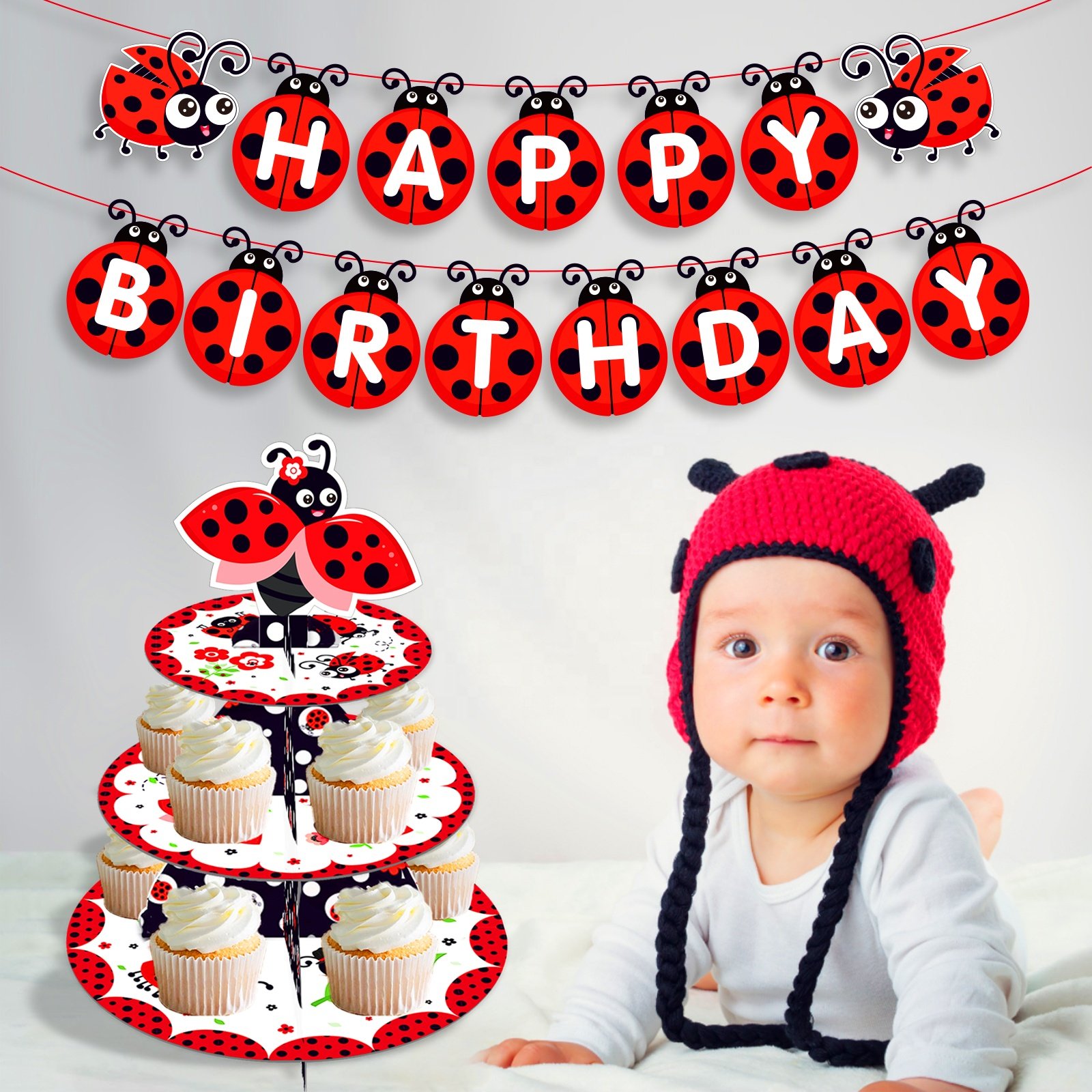 Huancai Little Ladybug Cake Stand 3 Tier Cupcake Stand Holder Baby Shower Party Decorations for Kids Birthday Party Supplies