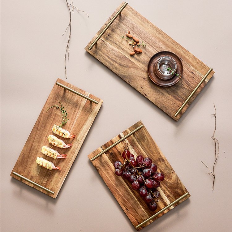Custom Home Hotel Table Breakfast Coffee Food Serving Rustic Acacia Wooden Tray with Metal Handle