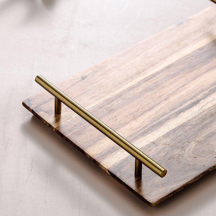 Custom Home Hotel Table Breakfast Coffee Food Serving Rustic Acacia Wooden Tray with Metal Handle