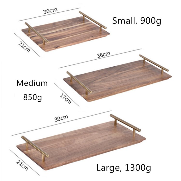 Custom Home Hotel Table Breakfast Coffee Food Serving Rustic Acacia Wooden Tray with Metal Handle