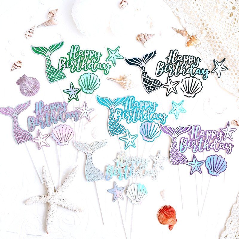 Ychon fairy tales little starfish cake topper sets with mermaid fishtail shiny stra shell paper cake decor for girls gift