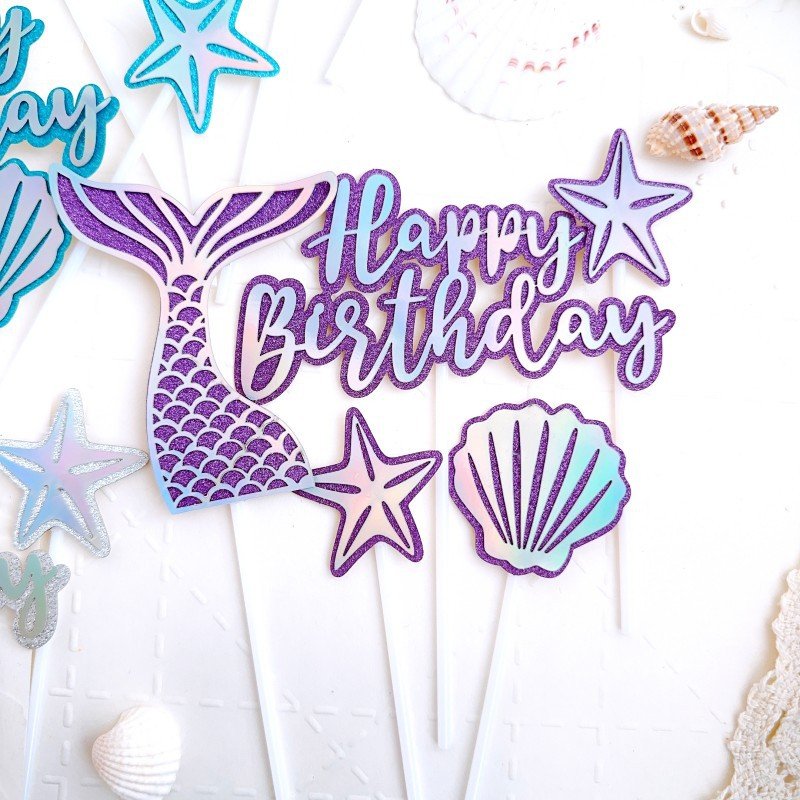 Ychon fairy tales little starfish cake topper sets with mermaid fishtail shiny stra shell paper cake decor for girls gift