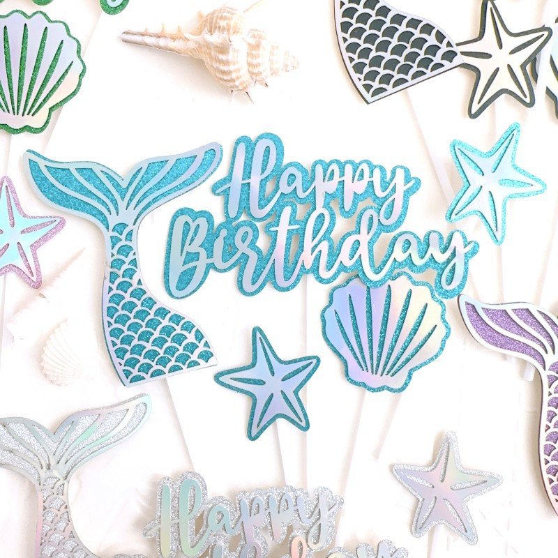 Ychon fairy tales little starfish cake topper sets with mermaid fishtail shiny stra shell paper cake decor for girls gift
