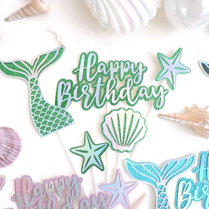Ychon fairy tales little starfish cake topper sets with mermaid fishtail shiny stra shell paper cake decor for girls gift