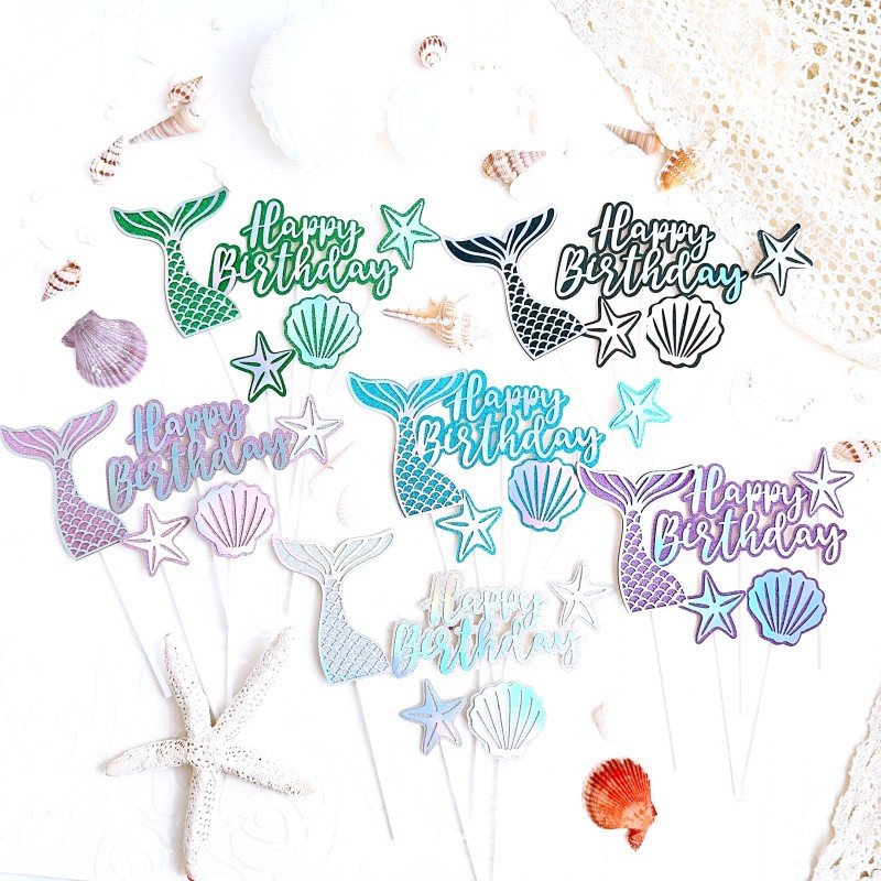 Ychon fairy tales little starfish cake topper sets with mermaid fishtail shiny stra shell paper cake decor for girls gift