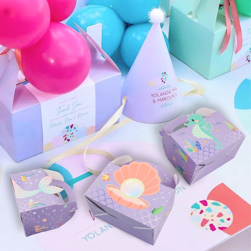 Custom Made mermaid Newly Design Theme treaty gift folding Paper Bag box with handle for Party Supplies