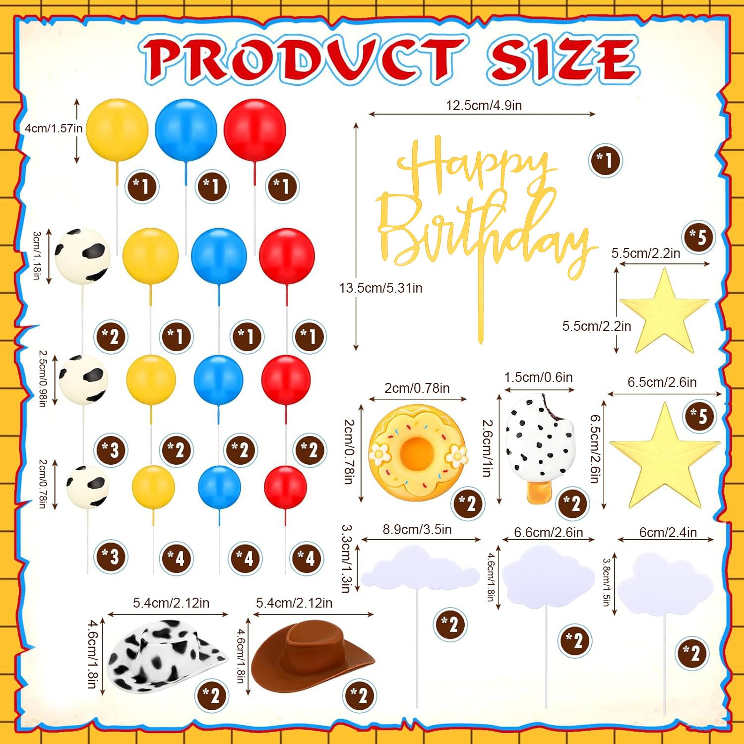 Cartoon Cow Red Blue Yellow Birthday Party Supply Baby Shower Cake Toppers for Boy Girl Kid Birthday Party Decor