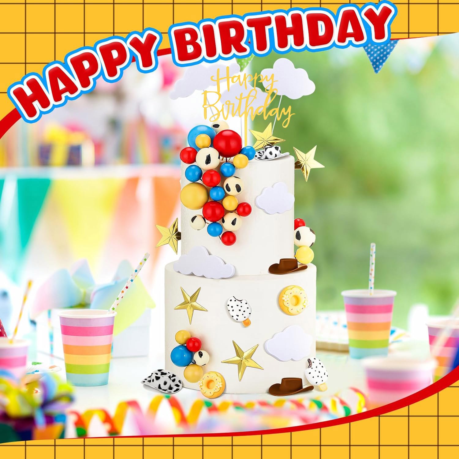Cartoon Cow Red Blue Yellow Birthday Party Supply Baby Shower Cake Toppers for Boy Girl Kid Birthday Party Decor