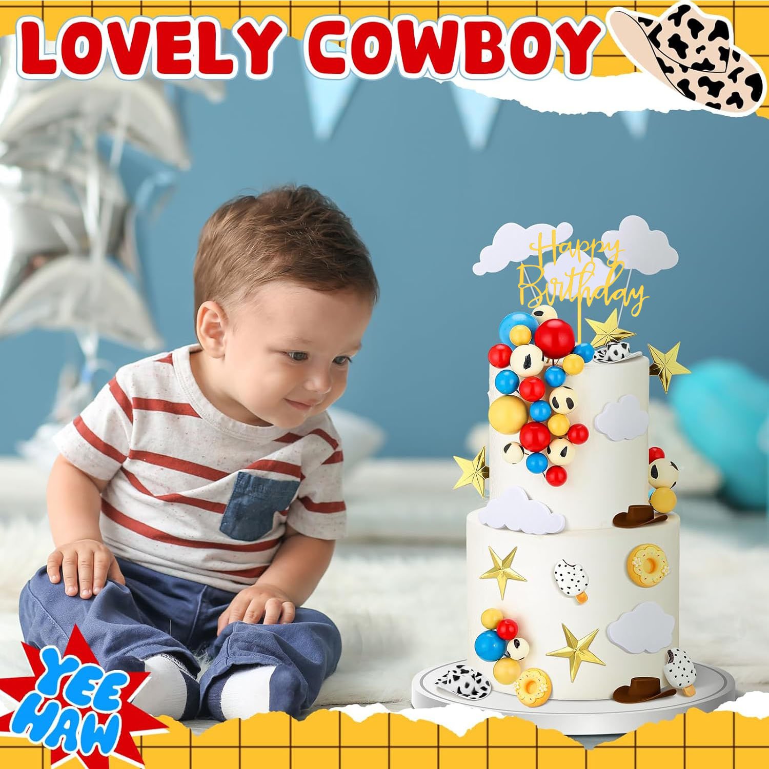 Cartoon Cow Red Blue Yellow Birthday Party Supply Baby Shower Cake Toppers for Boy Girl Kid Birthday Party Decor