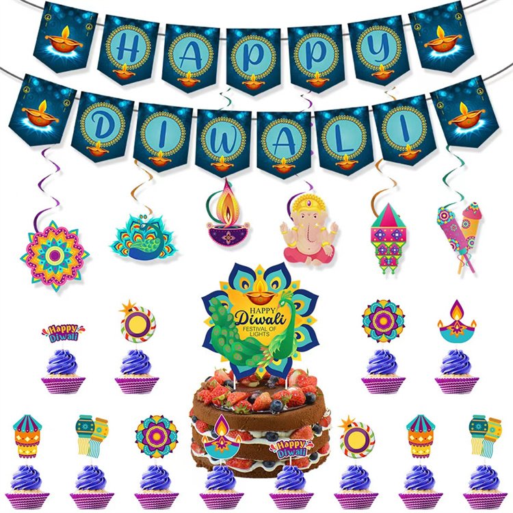 Youlun Wholesale India Light Festival Party Decoration Supplies Deepavali Firework Cake Toppers Banner Hanging Swirls Kit