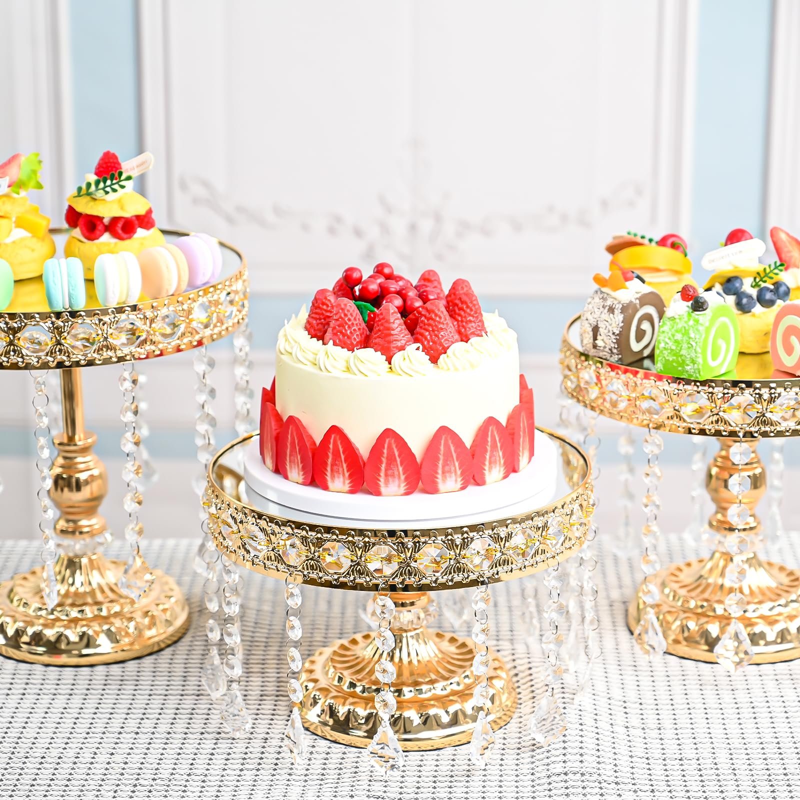 Romantic Cake Stand Party Decoration Cake Stand With Lid Wedding Faux Crystal Chandelier Style Drape Suspended Cake Swing