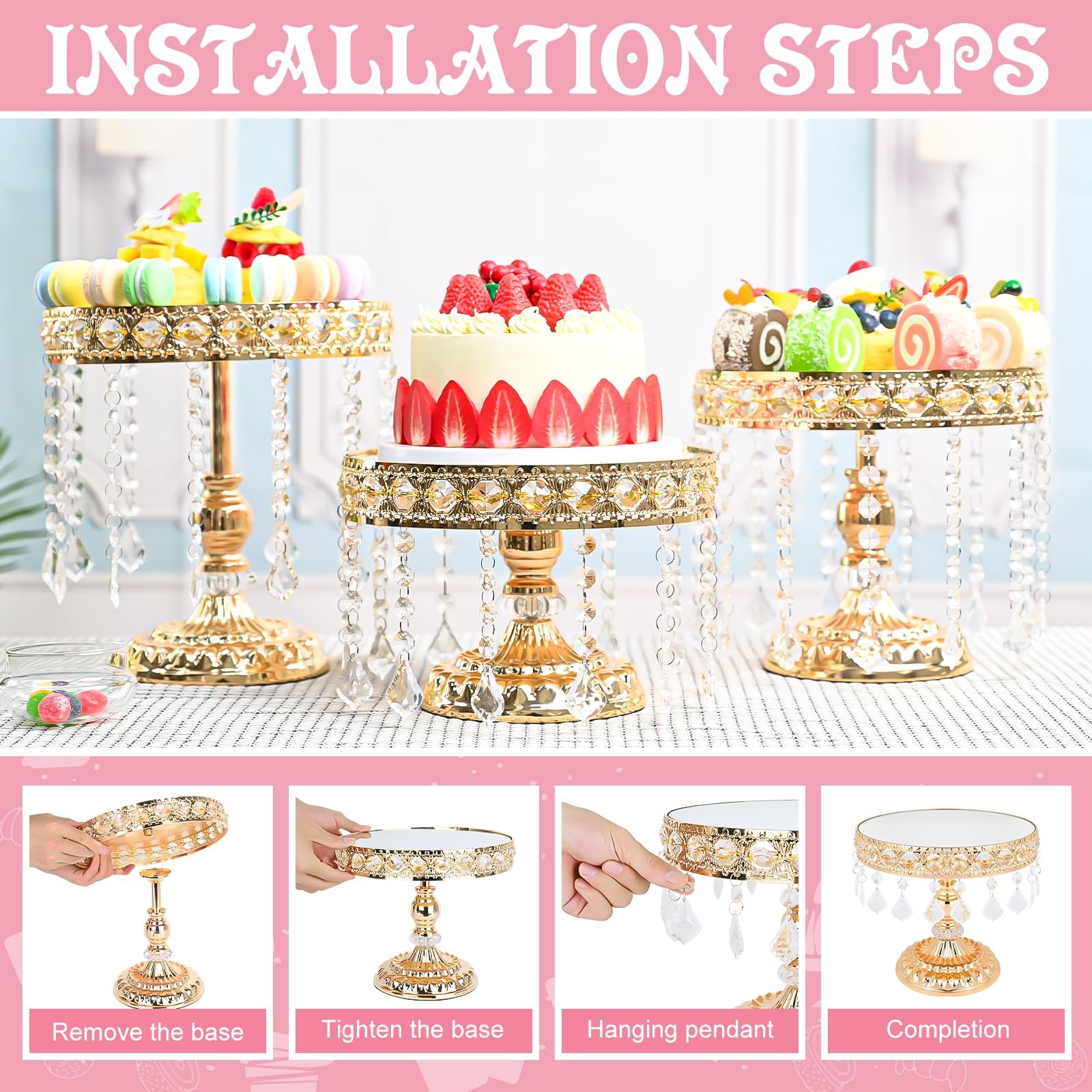 Romantic Cake Stand Party Decoration Cake Stand With Lid Wedding Faux Crystal Chandelier Style Drape Suspended Cake Swing