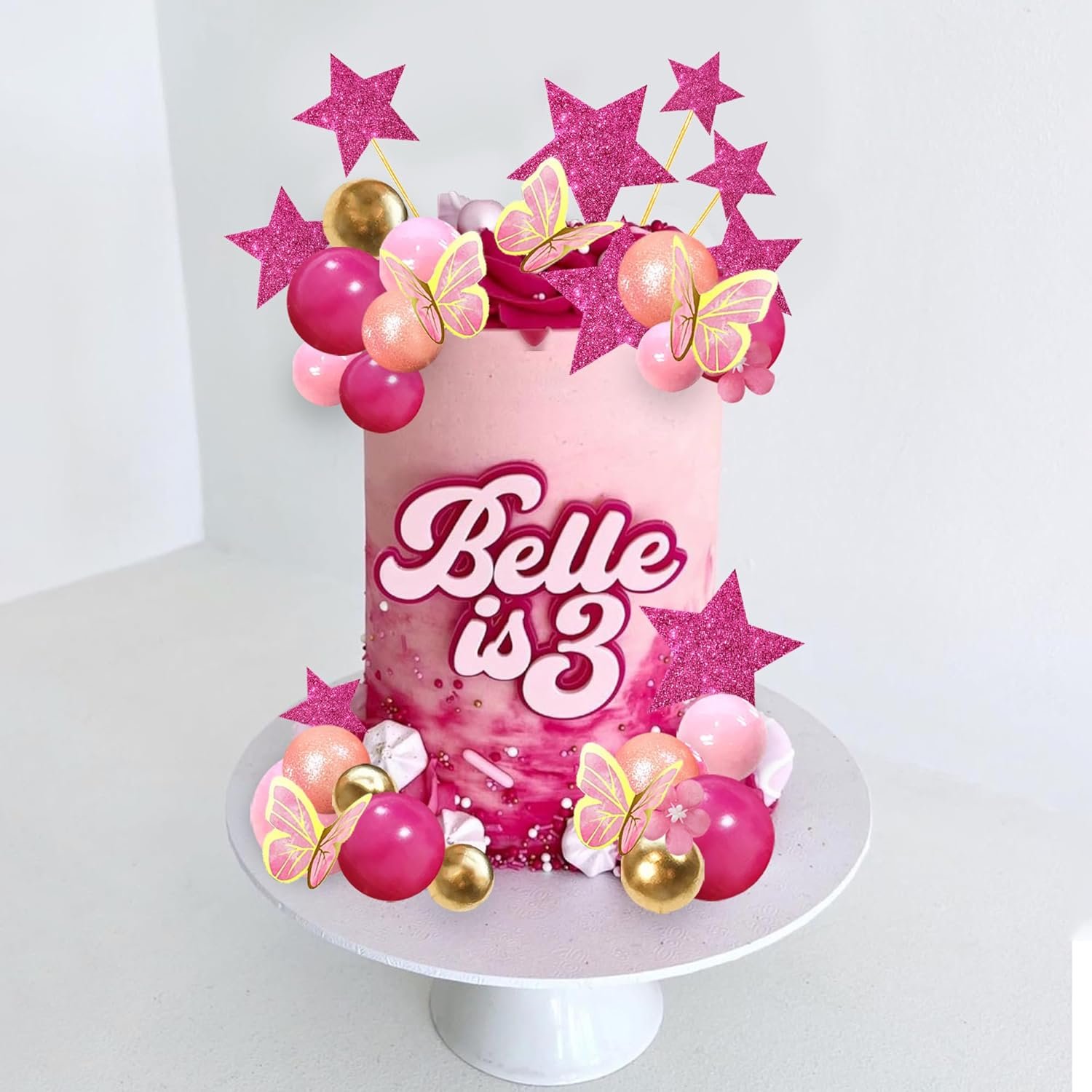 Hot Pink Girl Cake Toppers Gold Butterfly Balls Star Doll Cake Toppers for Wedding Baby Shower Birthday Party Supplies