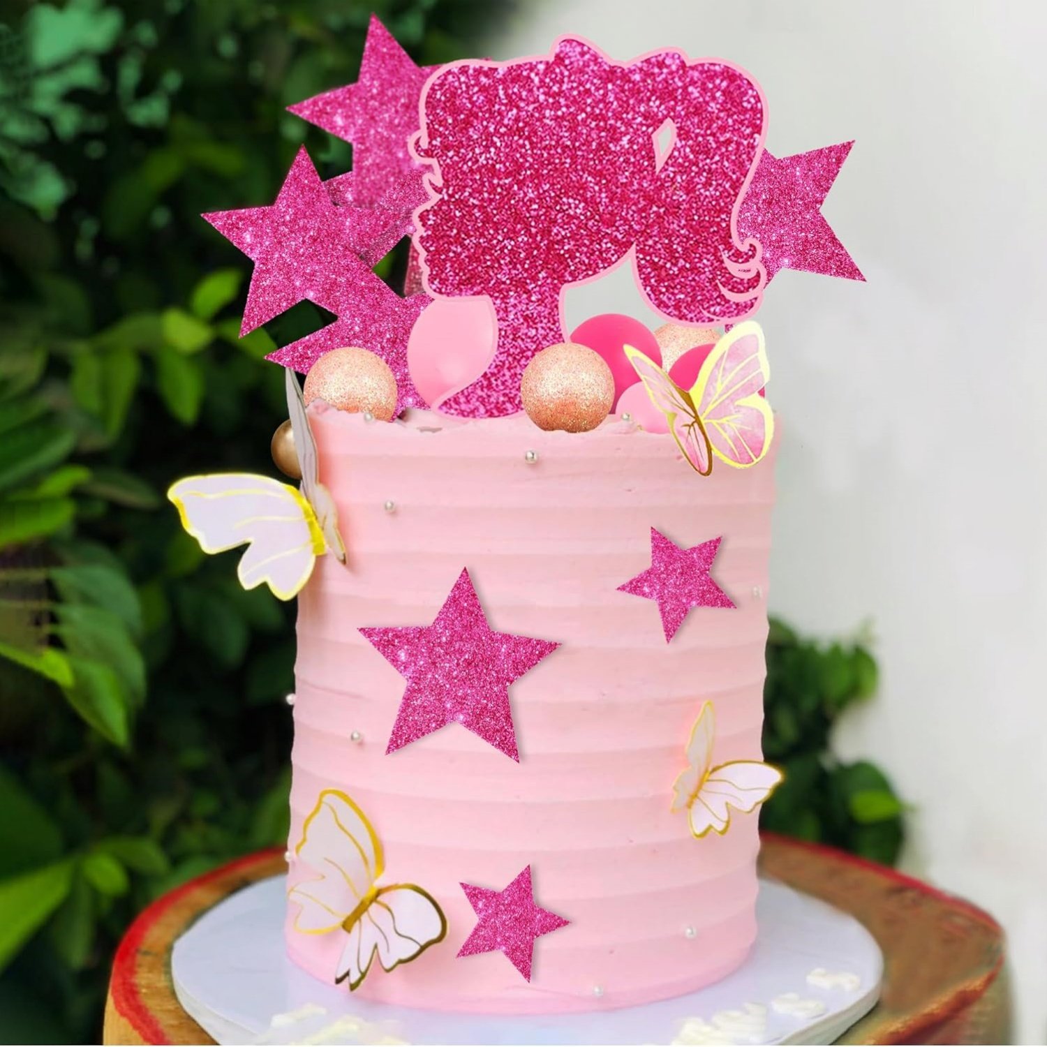Hot Pink Girl Cake Toppers Gold Butterfly Balls Star Doll Cake Toppers for Wedding Baby Shower Birthday Party Supplies