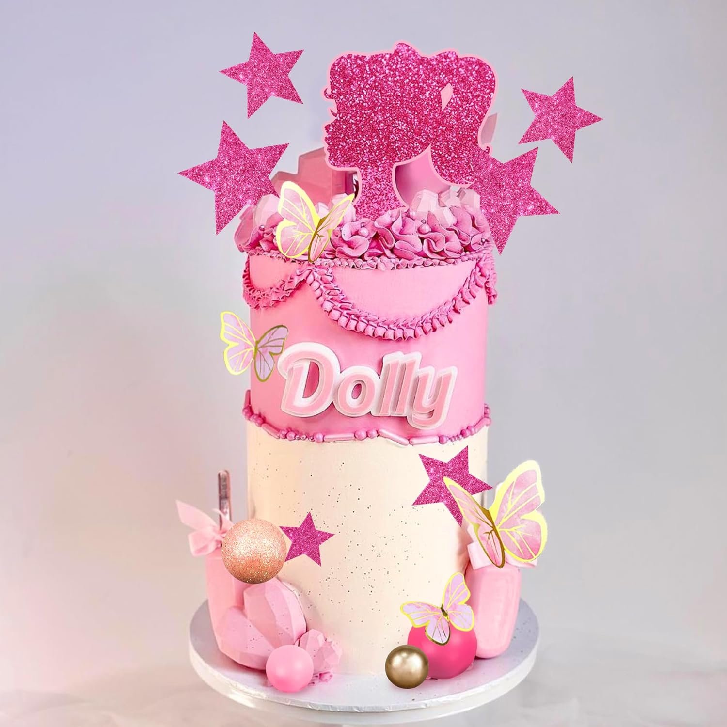 Hot Pink Girl Cake Toppers Gold Butterfly Balls Star Doll Cake Toppers for Wedding Baby Shower Birthday Party Supplies