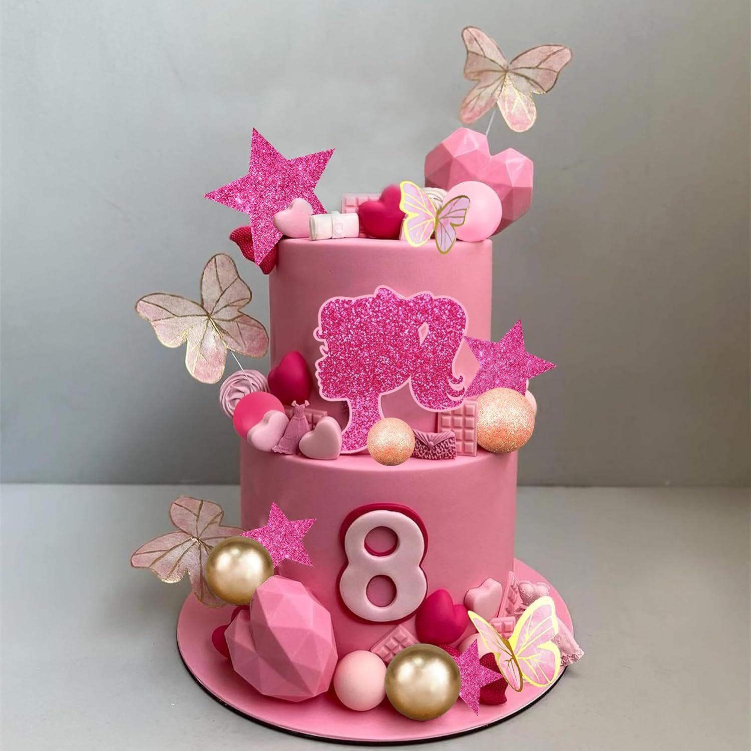 Hot Pink Girl Cake Toppers Gold Butterfly Balls Star Doll Cake Toppers for Wedding Baby Shower Birthday Party Supplies