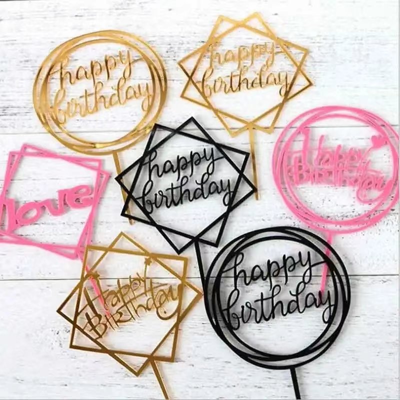 Large Acrylic Cake Toppers Gold Round Square Happy Birthday Letter Cake Decorating Supplies 1pc/bag Individual Package Wholesale