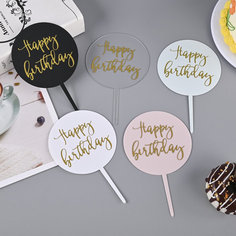 gold stamping happy birthday cake topper acrylic round circle bakery flag cakes decoration accessories supplies